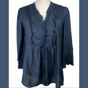 Joie Women’s Blue Silk Cotton Ruffled Pintucked Bib Button-Front Blouse Large